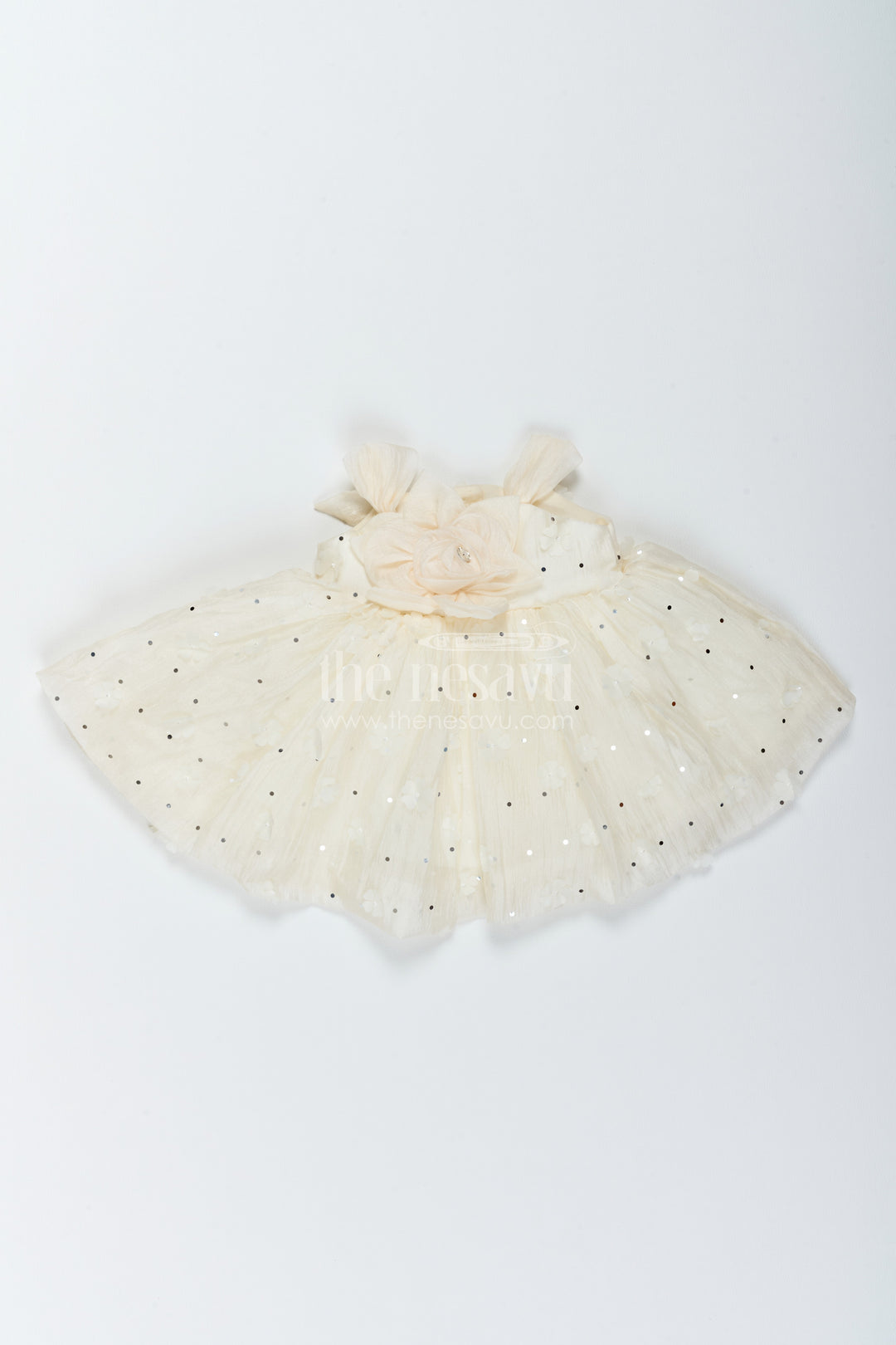 The Nesavu Girls Fancy Frock Girls Party Frock in Off White for Special Functions Nesavu 12 (3M) / Off White / Georgette PF347B-12 Nesavu Girls Party Frock In Off White With Thread Embroidery PF347B-12