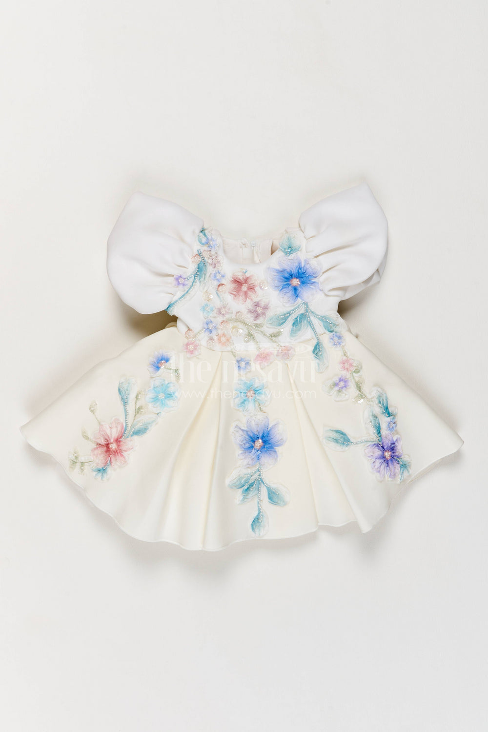 The Nesavu Girls Fancy Party Frock Girls Party Frock in Off White with Floral Detailing Nesavu 16 (1Y) / Off White / Scuba PF369A-16 Nesavu Girls Party Frock In Off White With Floral Detailing PF369A-16