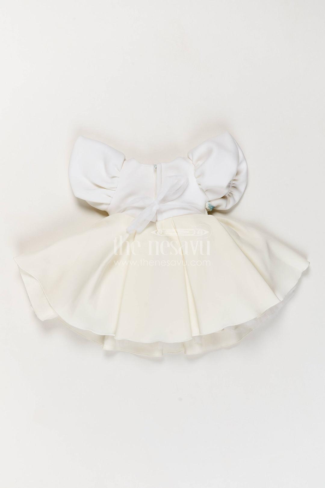 The Nesavu Girls Fancy Party Frock Girls Party Frock in Off White with Floral Detailing Nesavu Nesavu Girls Party Frock In Off White With Floral Detailing