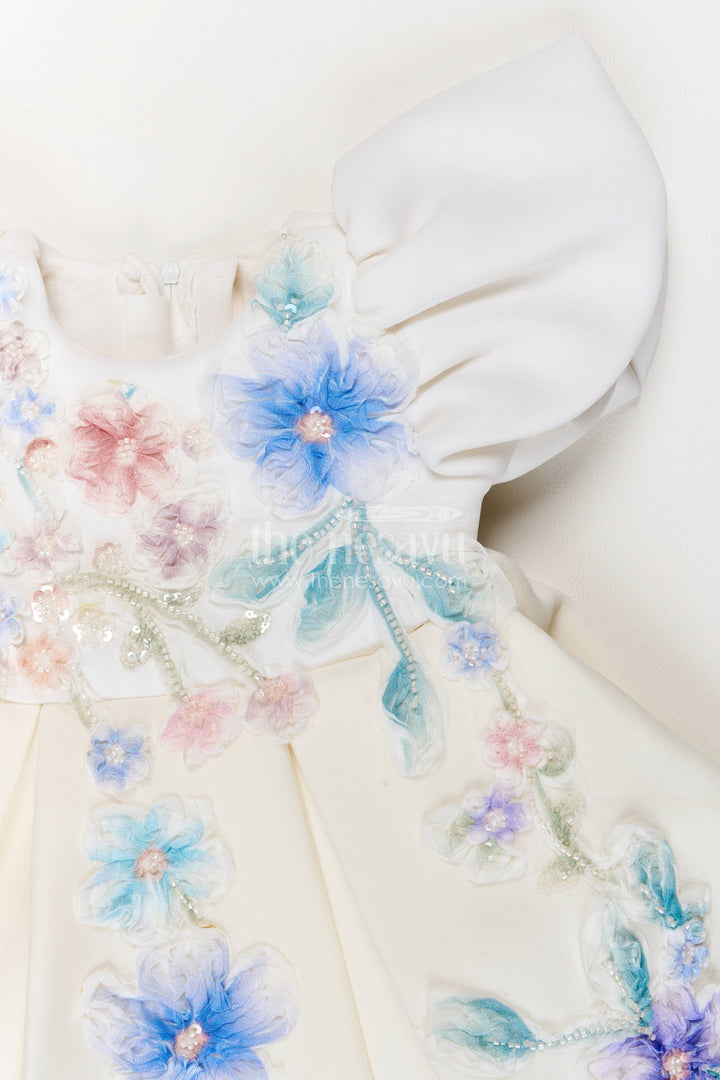 The Nesavu Girls Fancy Party Frock Girls Party Frock in Off White with Floral Detailing Nesavu Nesavu Girls Party Frock In Off White With Floral Detailing