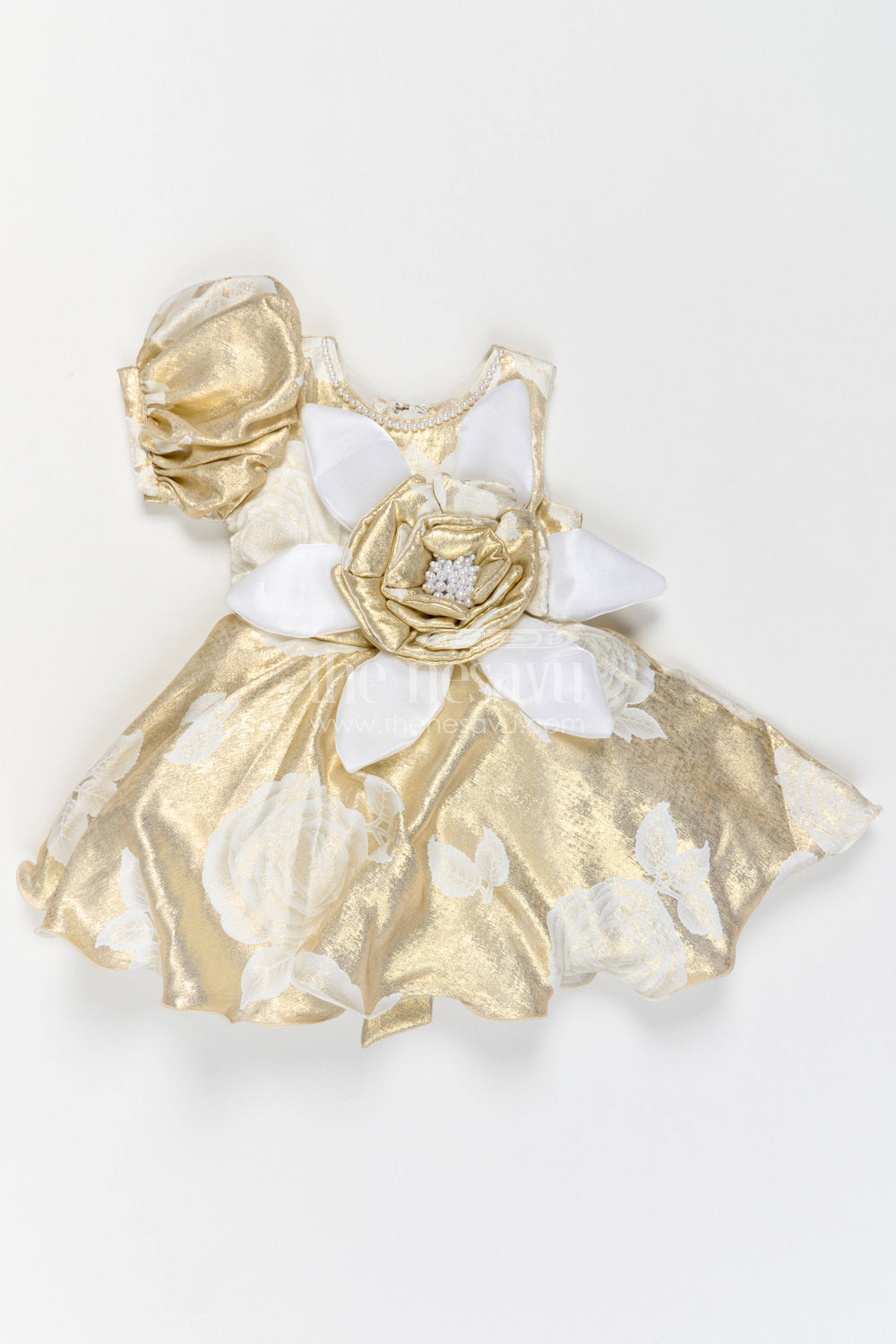 The Nesavu Girls Fancy Party Frock Girls Party Frock with Floral Detailing for Family Functions Nesavu 16 (1Y) / Gold / Shimmer PF315A-16 Nesavu Girls Party Frock In Gold With Floral Detailing PF315A-16