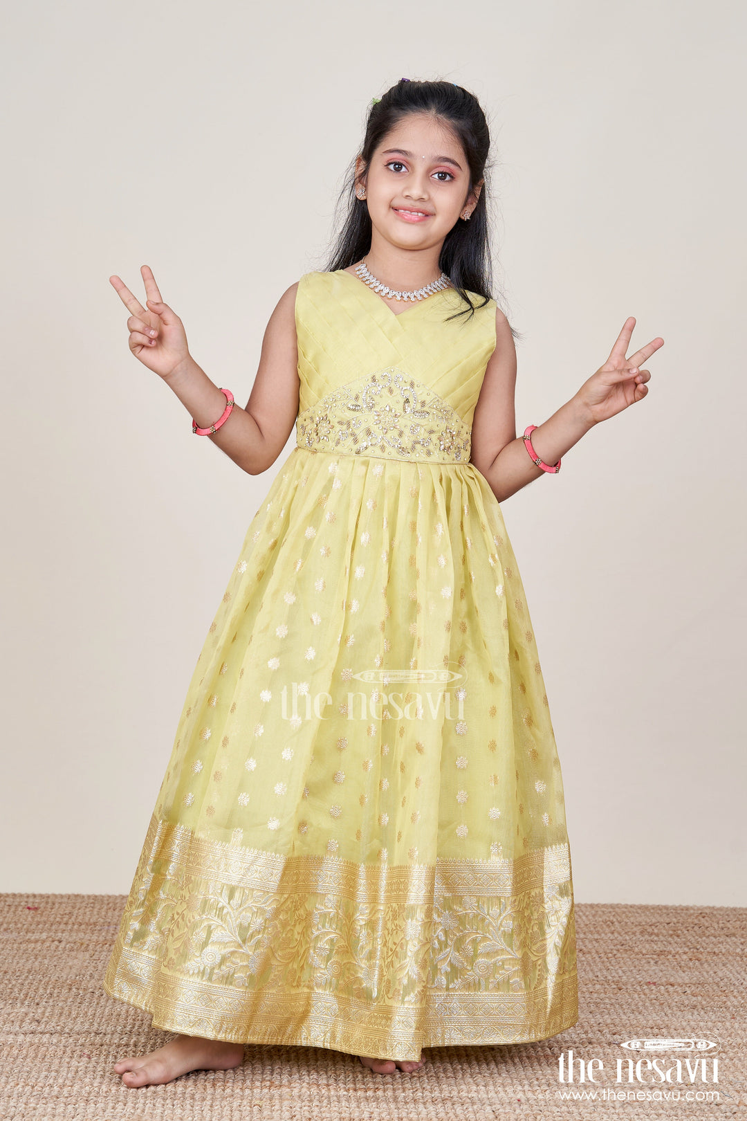The Nesavu Girls Party Gown Girls Party Gown for Birthdays and Festive Celebrations Nesavu 20 (3Y) / Green GA355A-20 Nesavu girls party gown kora tissue silk zari border festive celebrations