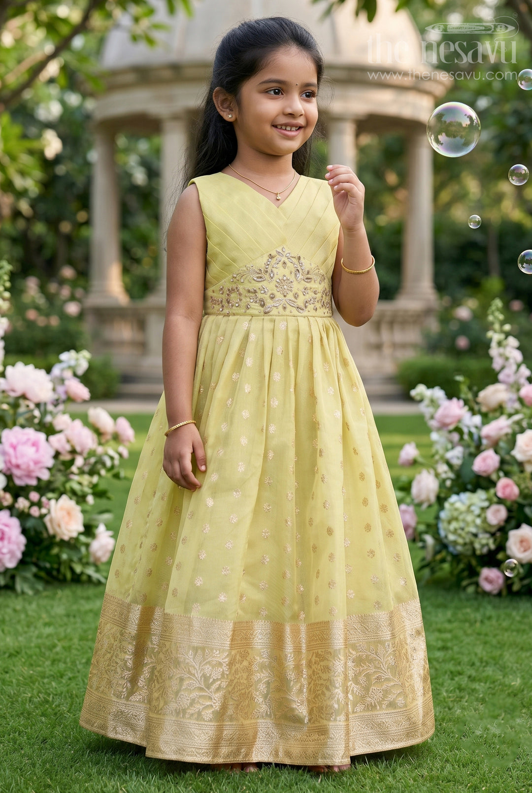 The Nesavu Girls Party Gown Girls Party Gown for Birthdays and Festive Celebrations Nesavu 20 (3Y) / Green GA355A-20 Nesavu girls party gown kora tissue silk zari border festive celebrations