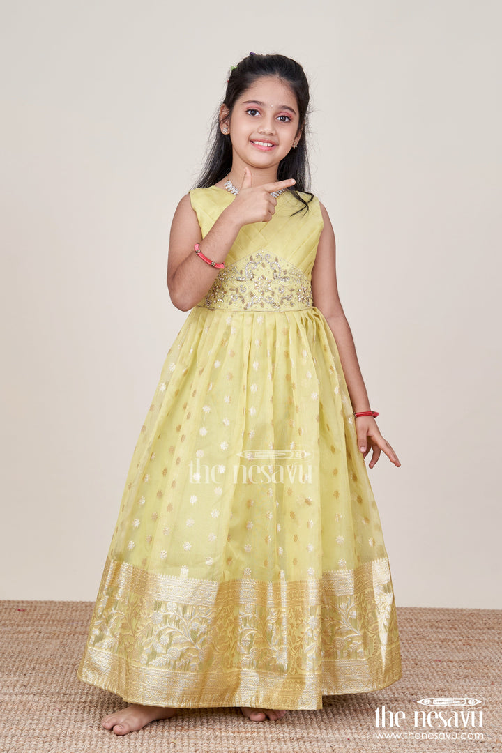 The Nesavu Girls Party Gown Girls Party Gown for Birthdays and Festive Celebrations Nesavu Nesavu girls party gown kora tissue silk zari border festive celebrations