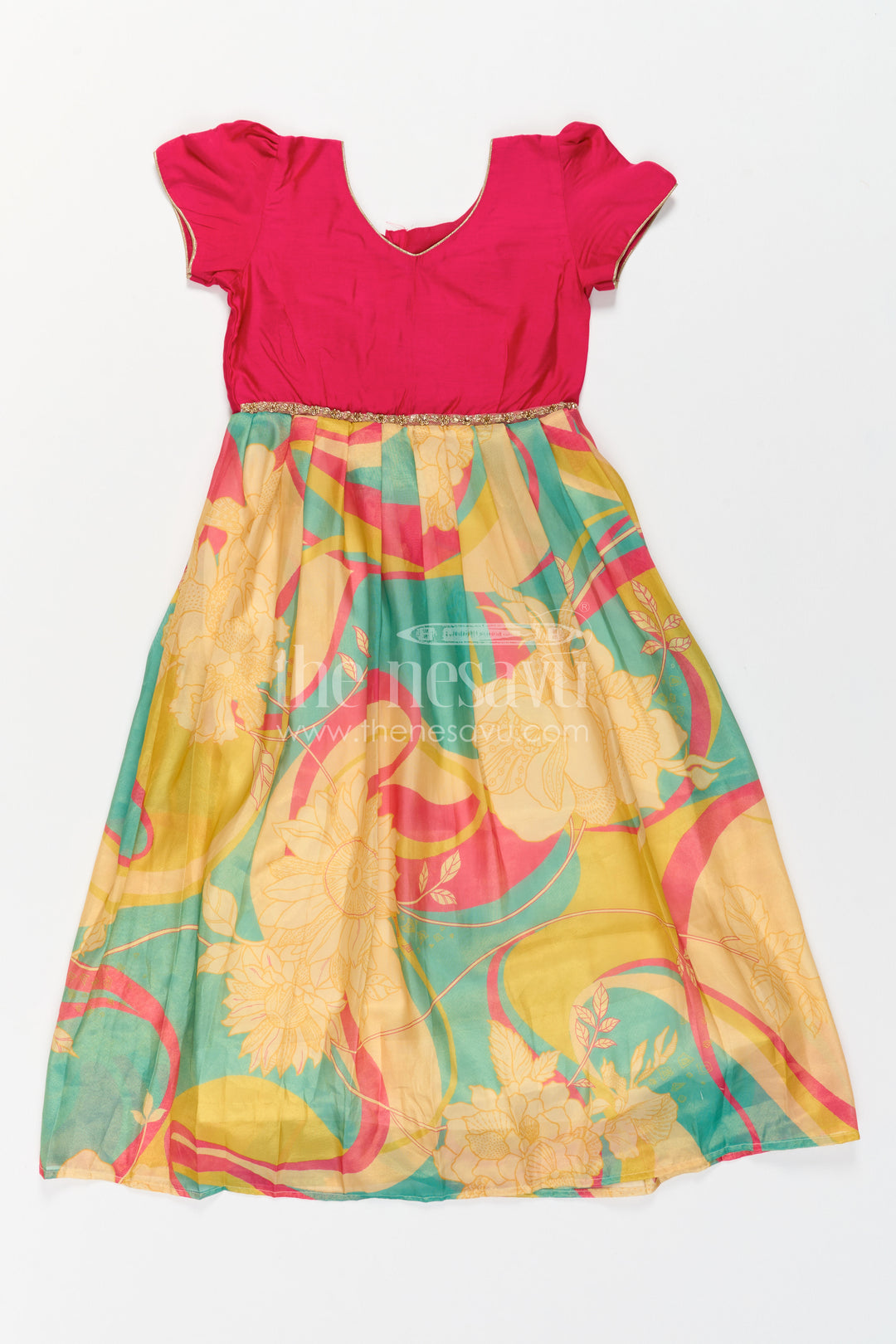 The Nesavu Girls Silk Gown Girls Party Gown for Wedding Receptions and Festive Photos Nesavu Nesavu Girls Semi Banaras Silk Digital Print Gown For Weddings And Festive Celebrations