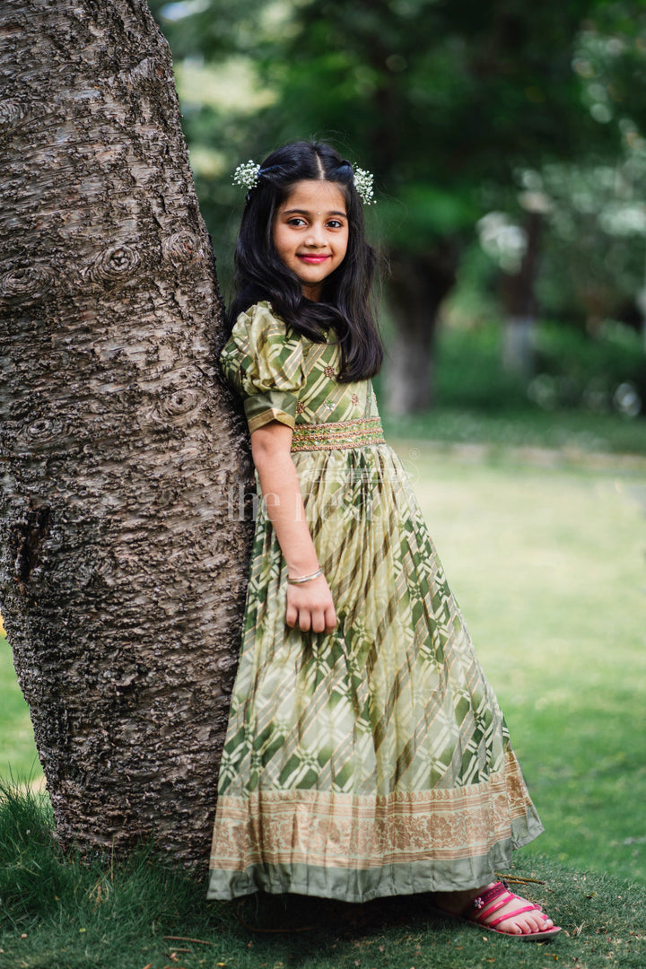 The Nesavu Girls Party Gown Girls Party Gown in Green Tissue Silk with Golden Floral Motifs and Pleated Full-Length Skirt Nesavu 22 (4Y) / Green GA259A-22 Nesavu Girls Party Gown Green Tissue Silk Floral Embellishments Pleated Skirt