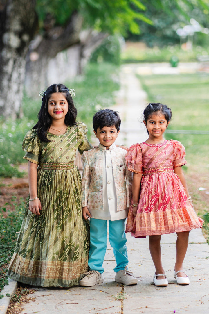 The Nesavu Girls Party Gown Girls Party Gown in Green Tissue Silk with Golden Floral Motifs and Pleated Full-Length Skirt Nesavu Nesavu Girls Party Gown Green Tissue Silk Floral Embellishments Pleated Skirt