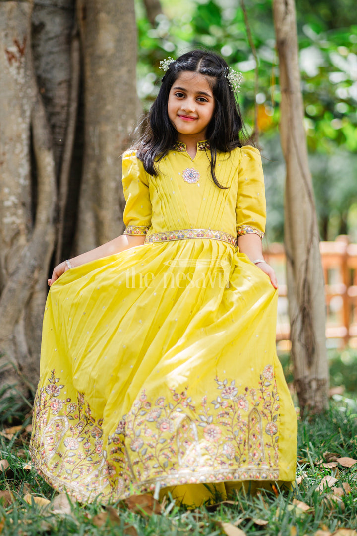 The Nesavu Girls Party Gown Girls Party Gown in Mustard Tissue Silk with Puff Sleeves and Floral Embroidery Nesavu 18 (2Y) / Mustard GA256B-18 Nesavu Girls Mustard Party Gown Floral Embroidery Puff Sleeves Tissue Silk