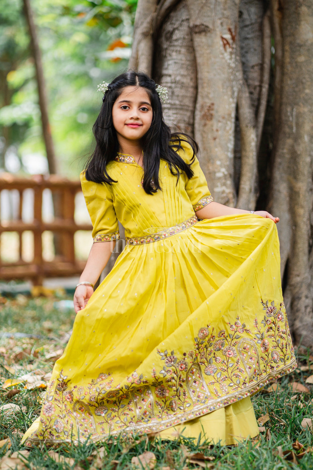 The Nesavu Girls Party Gown Girls Party Gown in Mustard Tissue Silk with Puff Sleeves and Floral Embroidery Nesavu Nesavu Girls Mustard Party Gown Floral Embroidery Puff Sleeves Tissue Silk