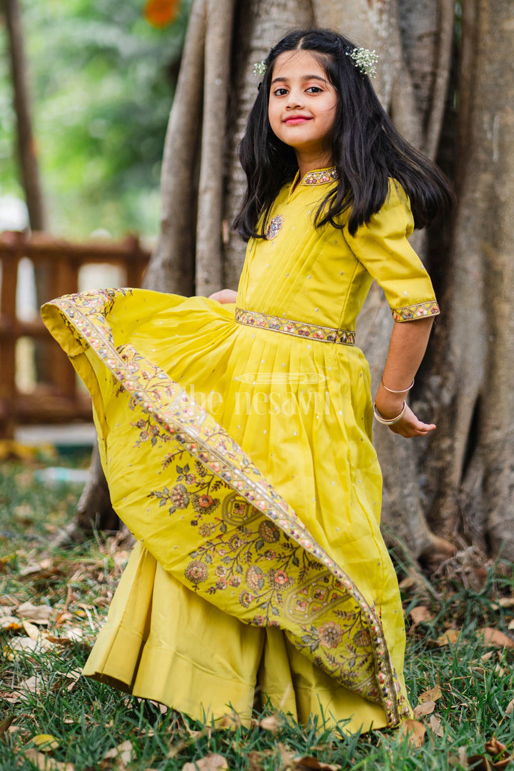 The Nesavu Girls Party Gown Girls Party Gown in Mustard Tissue Silk with Puff Sleeves and Floral Embroidery Nesavu Nesavu Girls Mustard Party Gown Floral Embroidery Puff Sleeves Tissue Silk