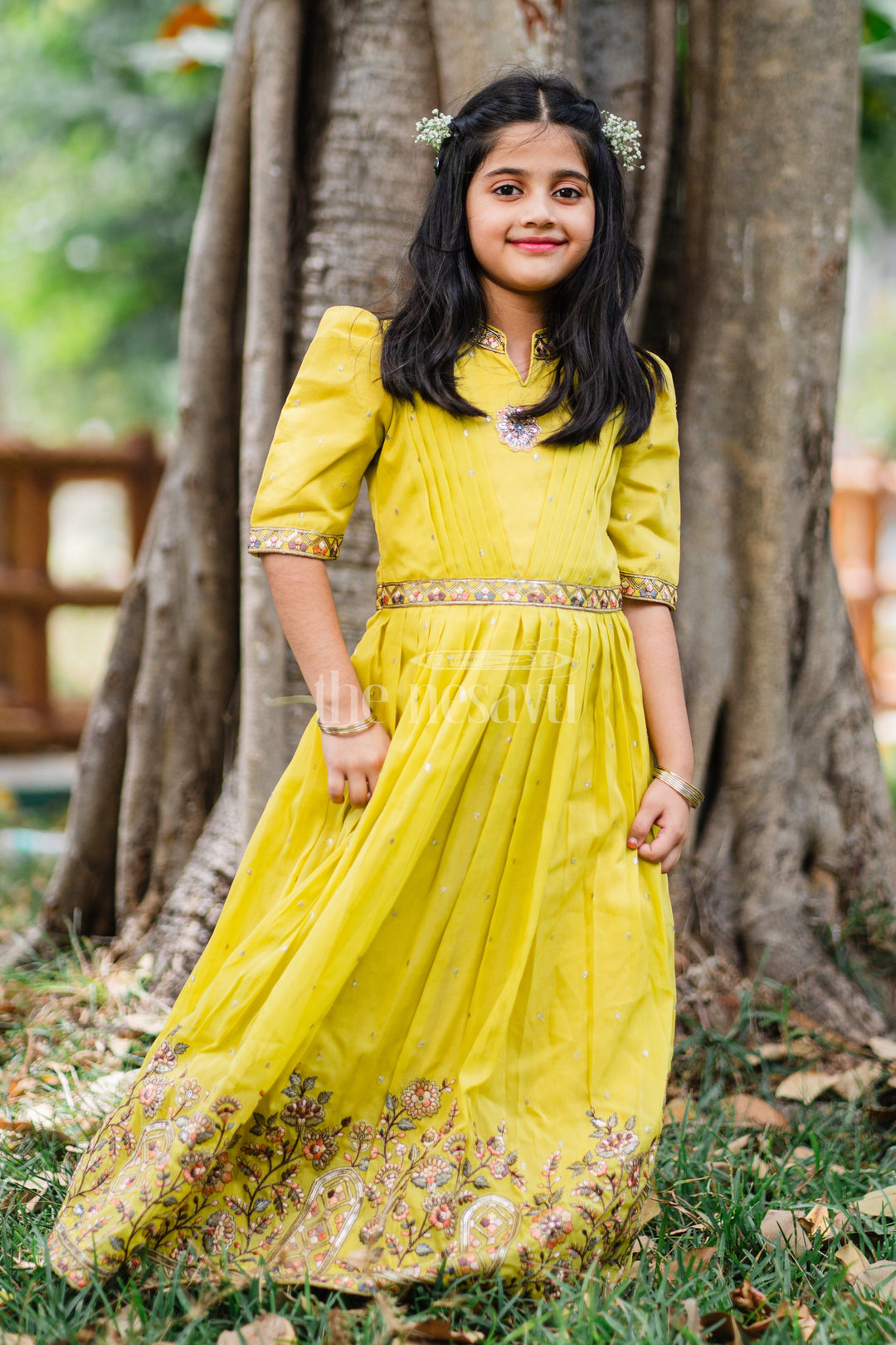 The Nesavu Girls Party Gown Girls Party Gown in Mustard Tissue Silk with Puff Sleeves and Floral Embroidery Nesavu Nesavu Girls Mustard Party Gown Floral Embroidery Puff Sleeves Tissue Silk