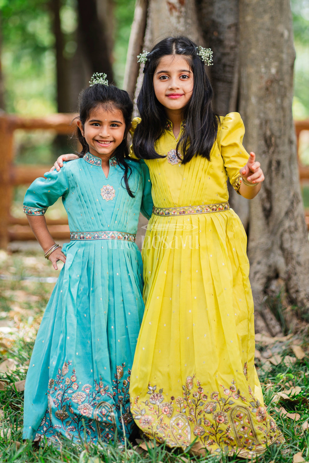 The Nesavu Girls Party Gown Girls Party Gown in Mustard Tissue Silk with Puff Sleeves and Floral Embroidery Nesavu Nesavu Girls Mustard Party Gown Floral Embroidery Puff Sleeves Tissue Silk