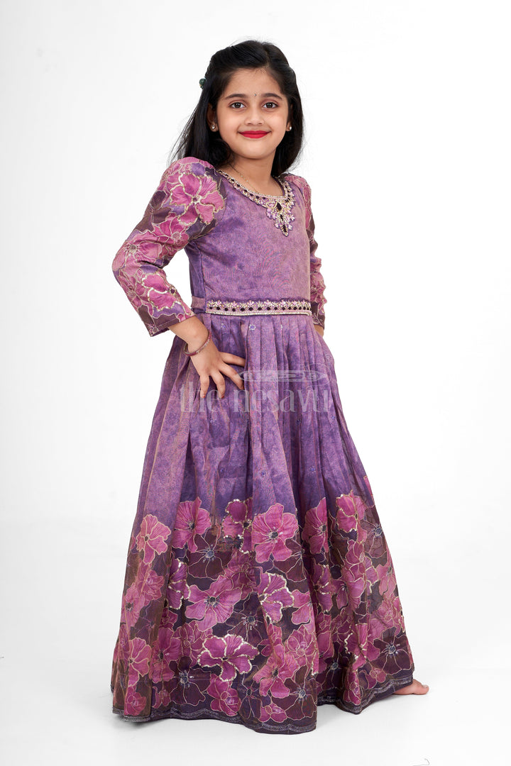 The Nesavu Girls Party Gown Girls Party Gown Pure Viscose Tissue Purple Dress Sankranthi Nesavu Nesavu Girls Purple Viscose Tissue Party Gown Embroidery Dress Diwali