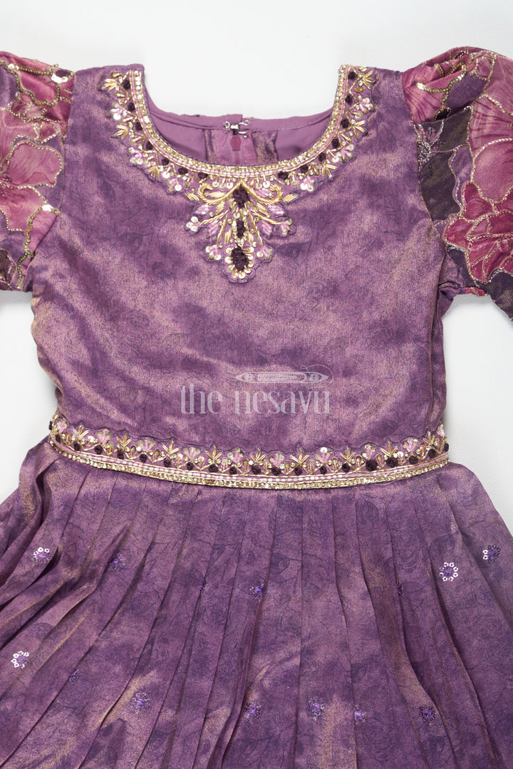 The Nesavu Girls Party Gown Girls Party Gown Pure Viscose Tissue Purple Dress Sankranthi Nesavu Nesavu Girls Purple Viscose Tissue Party Gown Embroidery Dress Diwali