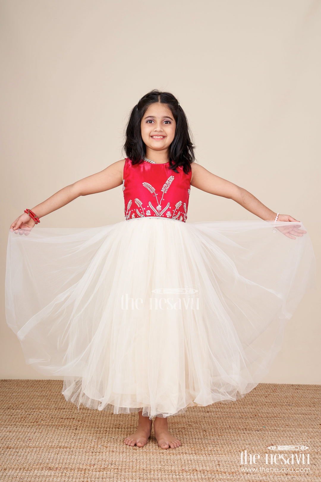The Nesavu Girls Party Gown Girls Party Gown with Net Flare for Birthdays and Photo Shoots Nesavu 20 (3Y) / Red GA376C-20 Nesavu girls embroidered satin net party gown birthdays photoshoots special events