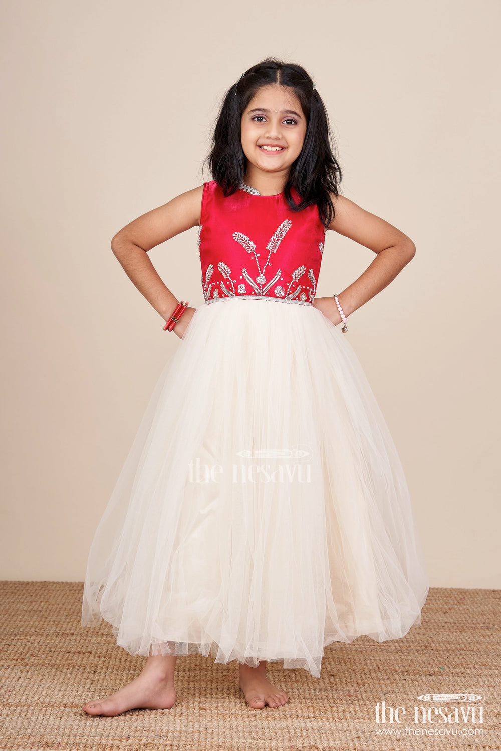 The Nesavu Girls Party Gown Girls Party Gown with Net Flare for Birthdays and Photo Shoots Nesavu Nesavu girls embroidered satin net party gown birthdays photoshoots special events