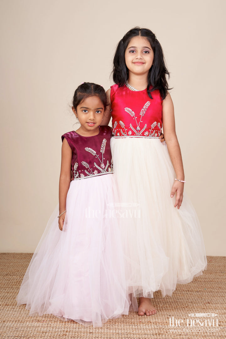 The Nesavu Girls Party Gown Girls Party Gown with Net Flare for Birthdays and Photo Shoots Nesavu Nesavu girls embroidered satin net party gown birthdays photoshoots special events