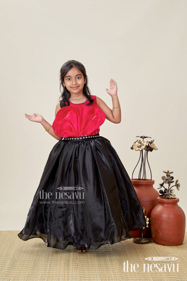 The Nesavu Girls Party Gown Girls Party Gown with Pink Velvet Yoke Stylish Black Organza Birthday Dress Nesavu 22 (4Y) / Pink PF243A-22 Nesavu Girls Party Gown Pink Velvet Yoke Stylish Black Organza Birthday Dress
