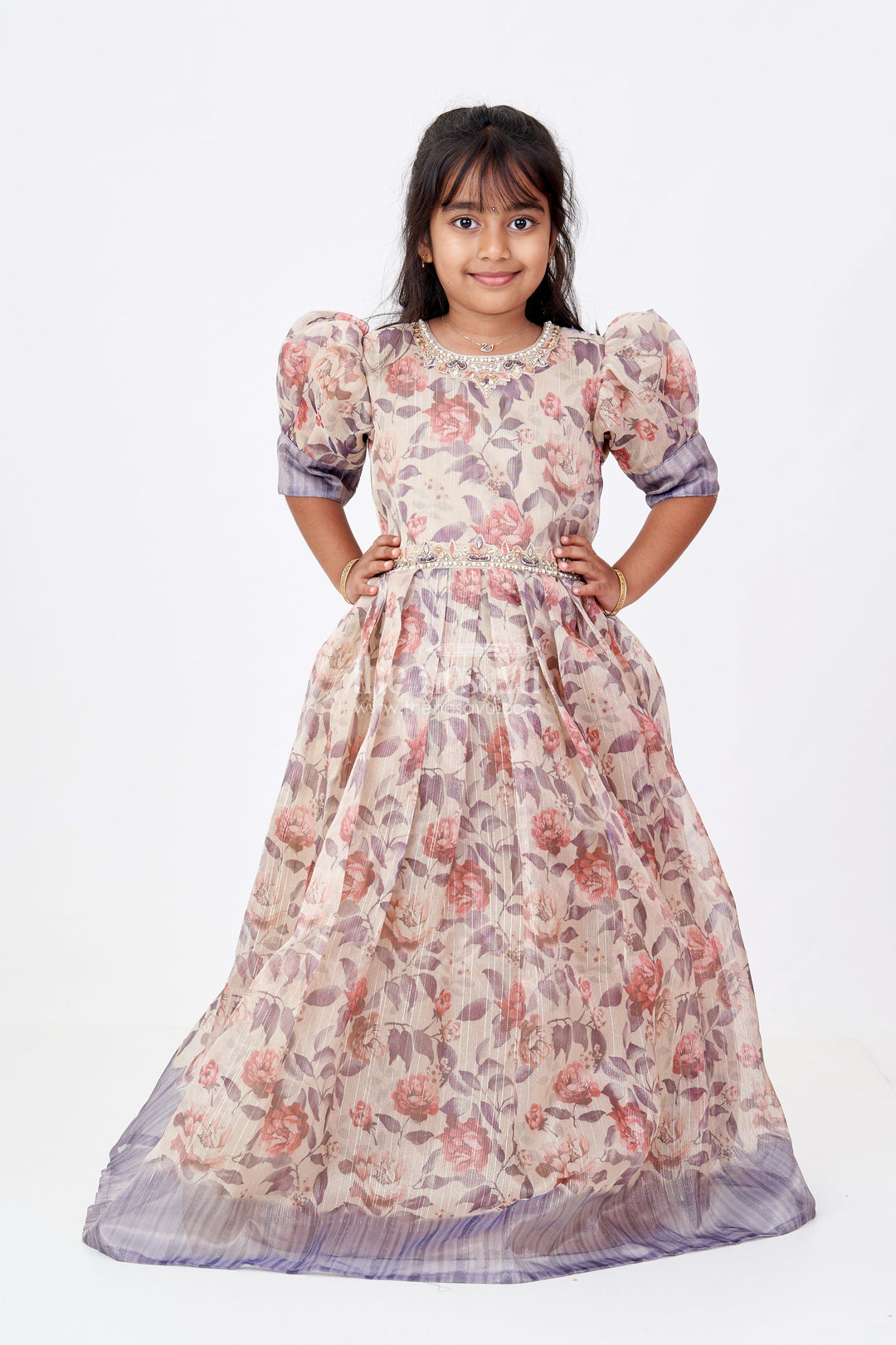 The Nesavu Girls Casual Gown Girls Party Gowns in Gold Tissue Fabric with Floral Digital Print and Puff Sleeves for Stylish Occasions Nesavu 24 (5Y) / Purple GA298C-24 Girls Party Gowns Gold Tissue Floral Digital Print Embellished Details Elegant Celebrations | The Nesavu