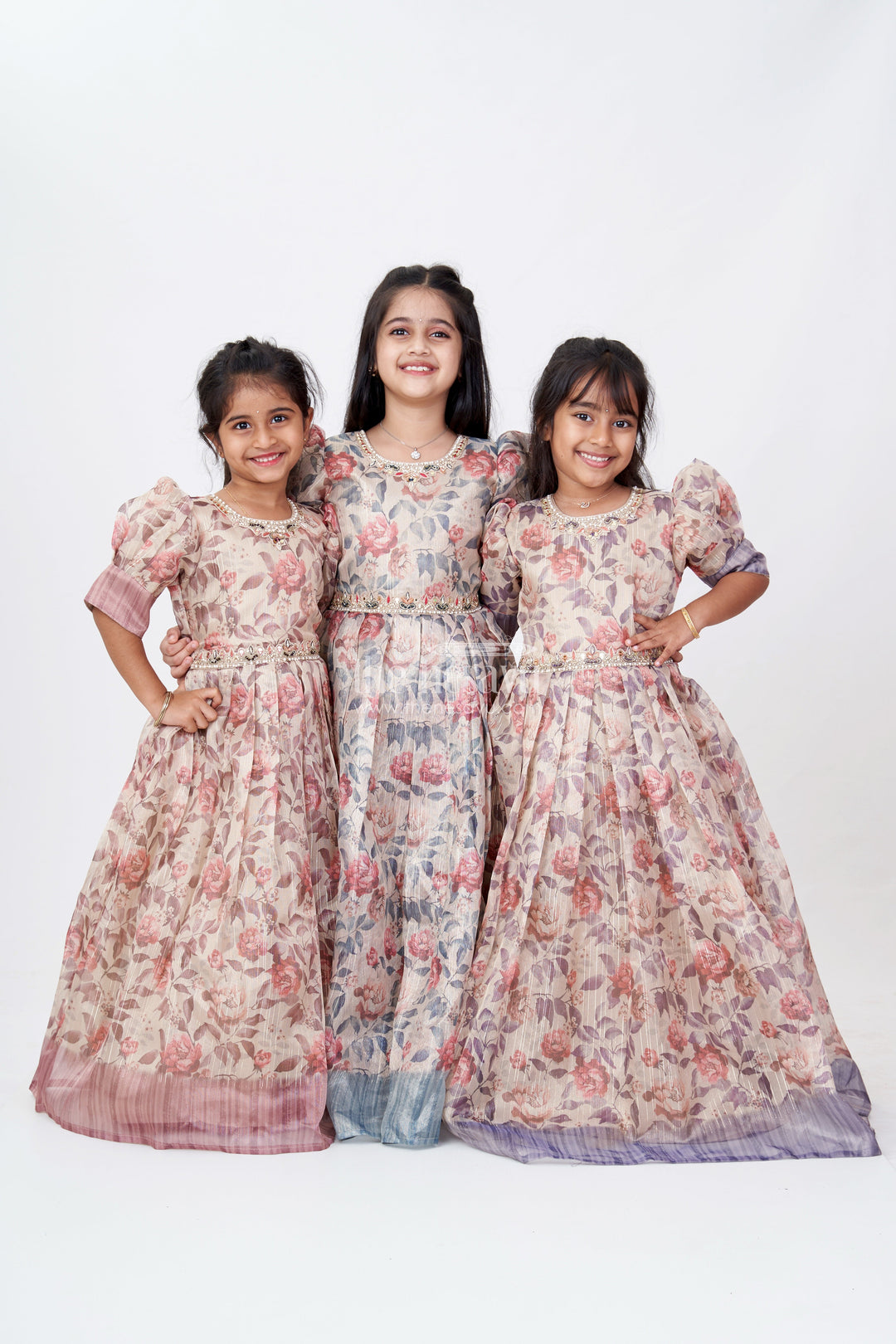 The Nesavu Girls Casual Gown Girls Party Gowns in Gold Tissue Fabric with Floral Digital Print and Puff Sleeves for Stylish Occasions Nesavu Girls Party Gowns Gold Tissue Floral Digital Print Embellished Details Elegant Celebrations | The Nesavu