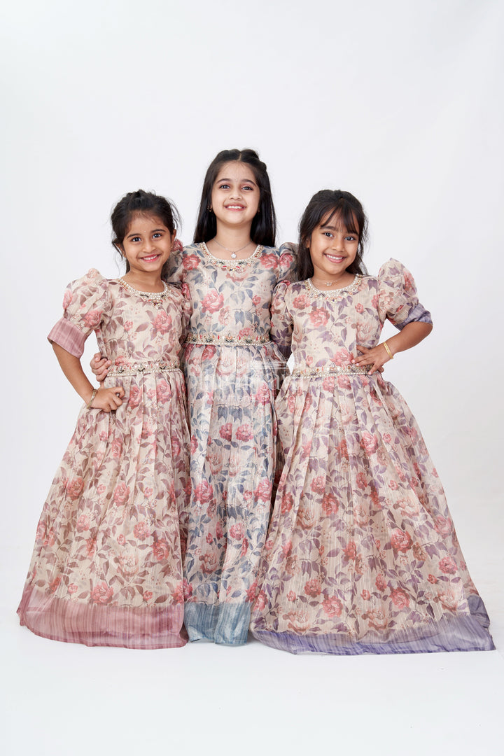 The Nesavu Girls Casual Gown Girls Party Gowns in Gold Tissue Fabric with Floral Digital Print and Puff Sleeves for Stylish Occasions Nesavu Girls Party Gowns Gold Tissue Floral Digital Print Embellished Details Elegant Celebrations | The Nesavu