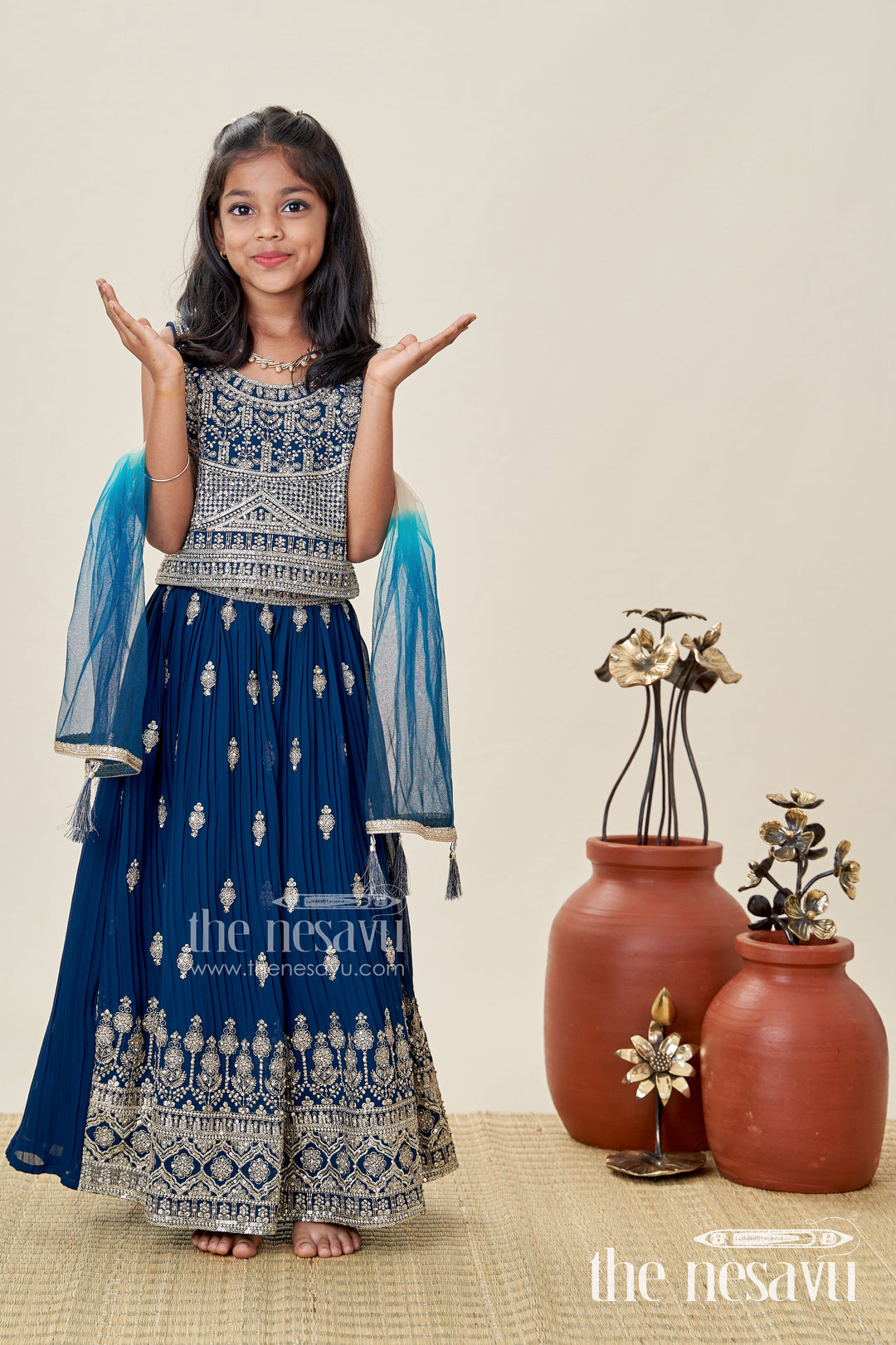 The Nesavu Girls Lehenga Choli Girls Party Lehenga Choli Embroidered Silk Outfit Nesavu 18 (2Y) / Blue GL699A-18 Nesavu Black Girls Embroidered Silk Lehenga Set Antique Gold Choli Party Festive Events