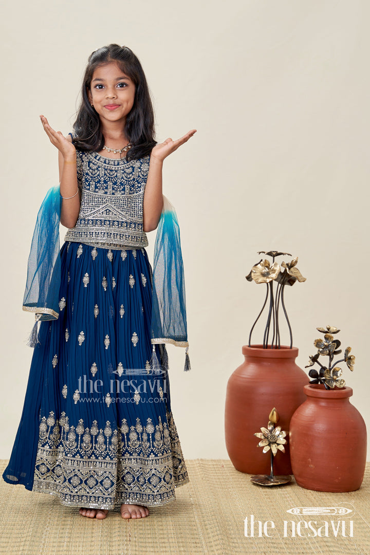 The Nesavu Girls Lehenga Choli Girls Party Lehenga Choli Embroidered Silk Outfit Nesavu 18 (2Y) / Blue GL699A-18 Nesavu Black Girls Embroidered Silk Lehenga Set Antique Gold Choli Party Festive Events