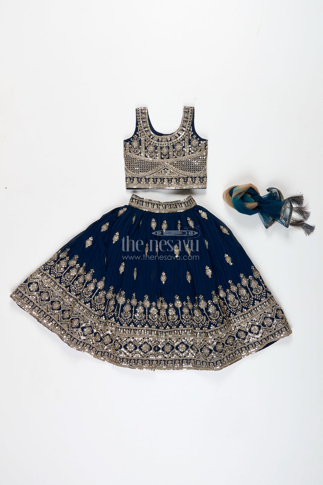 The Nesavu Girls Lehenga Choli Girls Party Lehenga Choli Embroidered Silk Outfit Nesavu Nesavu Black Girls Embroidered Silk Lehenga Set Antique Gold Choli Party Festive Events