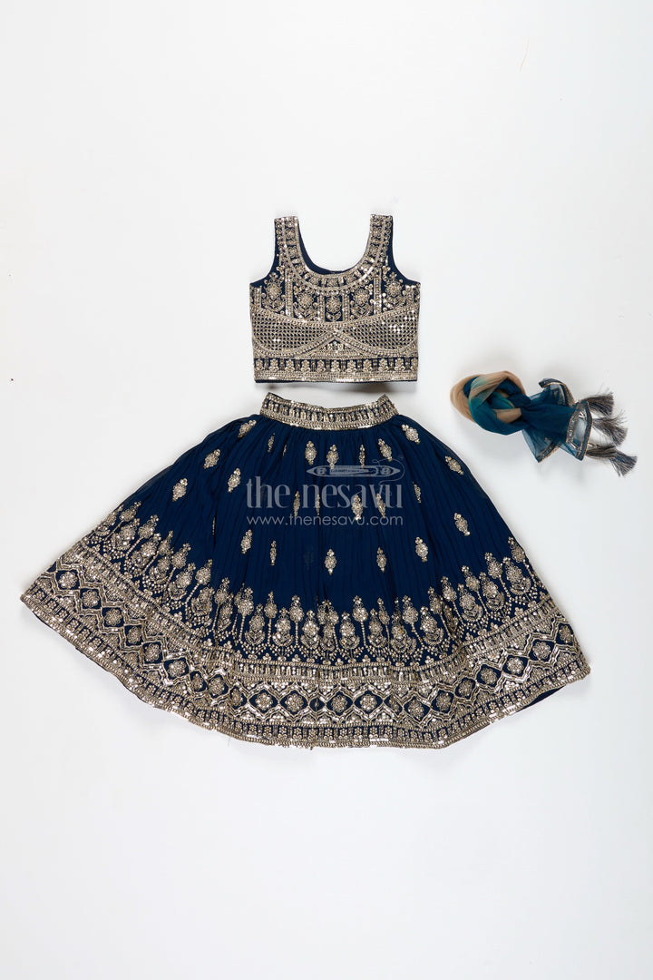 The Nesavu Girls Lehenga Choli Girls Party Lehenga Choli Embroidered Silk Outfit Nesavu Nesavu Black Girls Embroidered Silk Lehenga Set Antique Gold Choli Party Festive Events