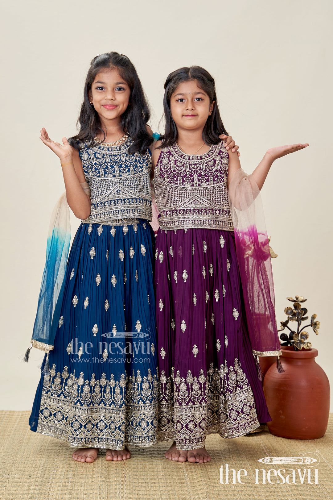 The Nesavu Girls Lehenga Choli Girls Party Lehenga Choli Embroidered Silk Outfit Nesavu Nesavu Black Girls Embroidered Silk Lehenga Set Antique Gold Choli Party Festive Events