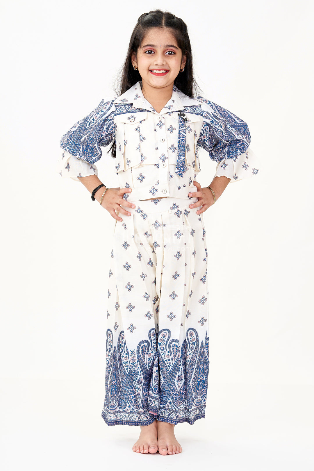 The Nesavu Girls Co-Ord Sets Girls Party Wear Casual Set in Cotton Blend with Blue Paisley Print and Puff Sleeves Nesavu 24 (5Y) / Blue GPS499A-24 Girls Party Wear Casual Set Cotton Blend Blue Paisley Print Puff Sleeves | The Nesavu