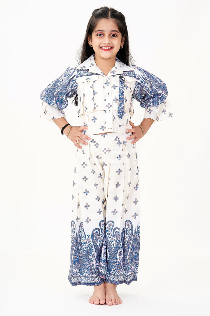 The Nesavu Girls Co-Ord Sets Girls Party Wear Casual Set in Cotton Blend with Blue Paisley Print and Puff Sleeves Nesavu 24 (5Y) / Blue GPS499A-24 Girls Party Wear Casual Set Cotton Blend Blue Paisley Print Puff Sleeves | The Nesavu