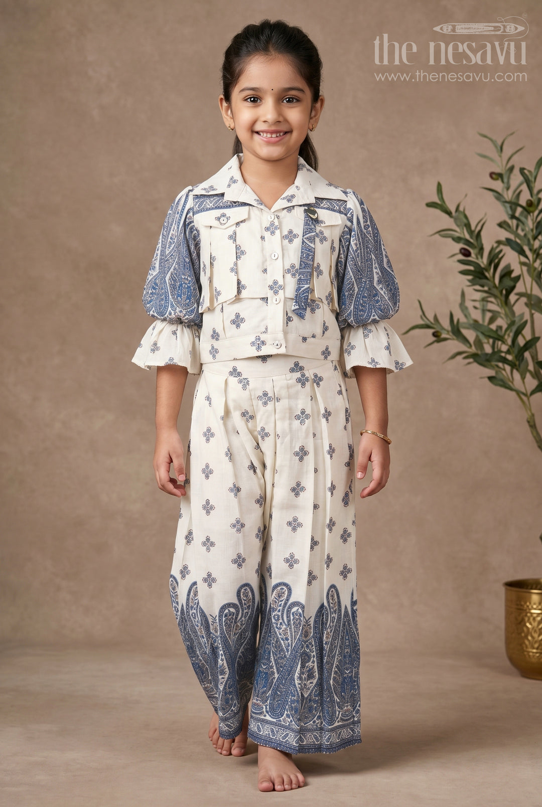 The Nesavu Girls Co-Ord Sets Girls Party Wear Casual Set in Cotton Blend with Blue Paisley Print and Puff Sleeves Nesavu 24 (5Y) / Blue GPS499A-24 Girls Party Wear Casual Set Cotton Blend Blue Paisley Print Puff Sleeves | The Nesavu