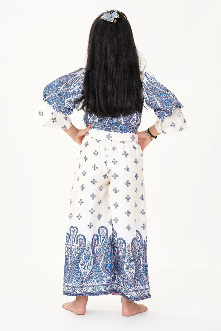 The Nesavu Girls Co-Ord Sets Girls Party Wear Casual Set in Cotton Blend with Blue Paisley Print and Puff Sleeves Nesavu Girls Party Wear Casual Set Cotton Blend Blue Paisley Print Puff Sleeves | The Nesavu