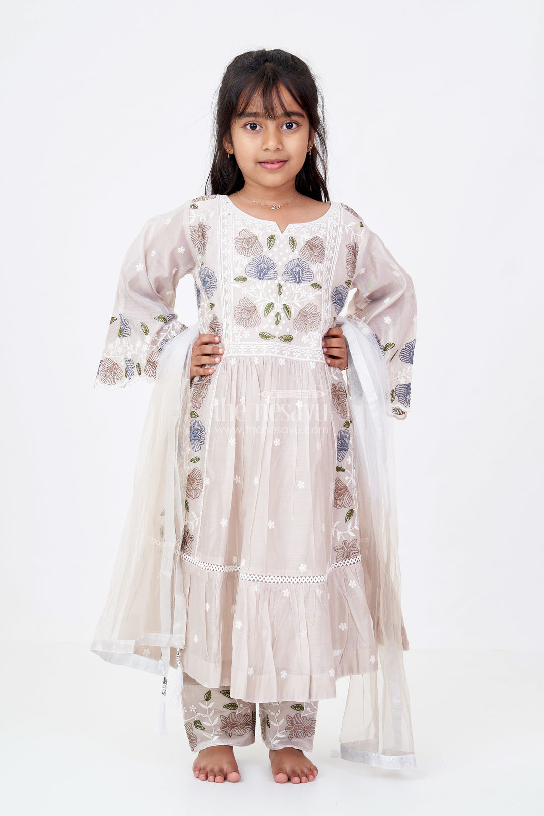 The Nesavu Girls Churidar Sets Girls Party Wear Churidar Set in Pure Cotton with Designer Embroidery and Flared Sleeves Nesavu 24 (5Y) / Beige GPS543B-24 Girls Party Wear Churidar Set Pure Cotton Designer Embroidery Flared Sleeves | The Nesavu