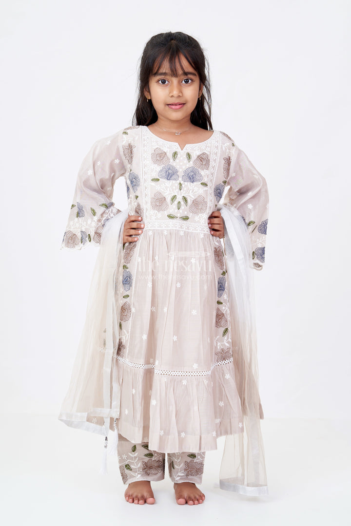 The Nesavu Girls Churidar Sets Girls Party Wear Churidar Set in Pure Cotton with Designer Embroidery and Flared Sleeves Nesavu 24 (5Y) / Beige GPS543B-24 Girls Party Wear Churidar Set Pure Cotton Designer Embroidery Flared Sleeves | The Nesavu