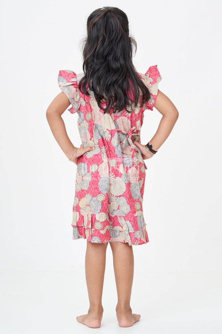 The Nesavu Girls Fancy Frock Girls Party Wear Frocks for Infants in Moadal Silk with Digital Floral Print and Ruffle Accents Nesavu Nesavu Infant Party Wear Frocks Red Moadal Silk Digital Floral Print Ruffle Details