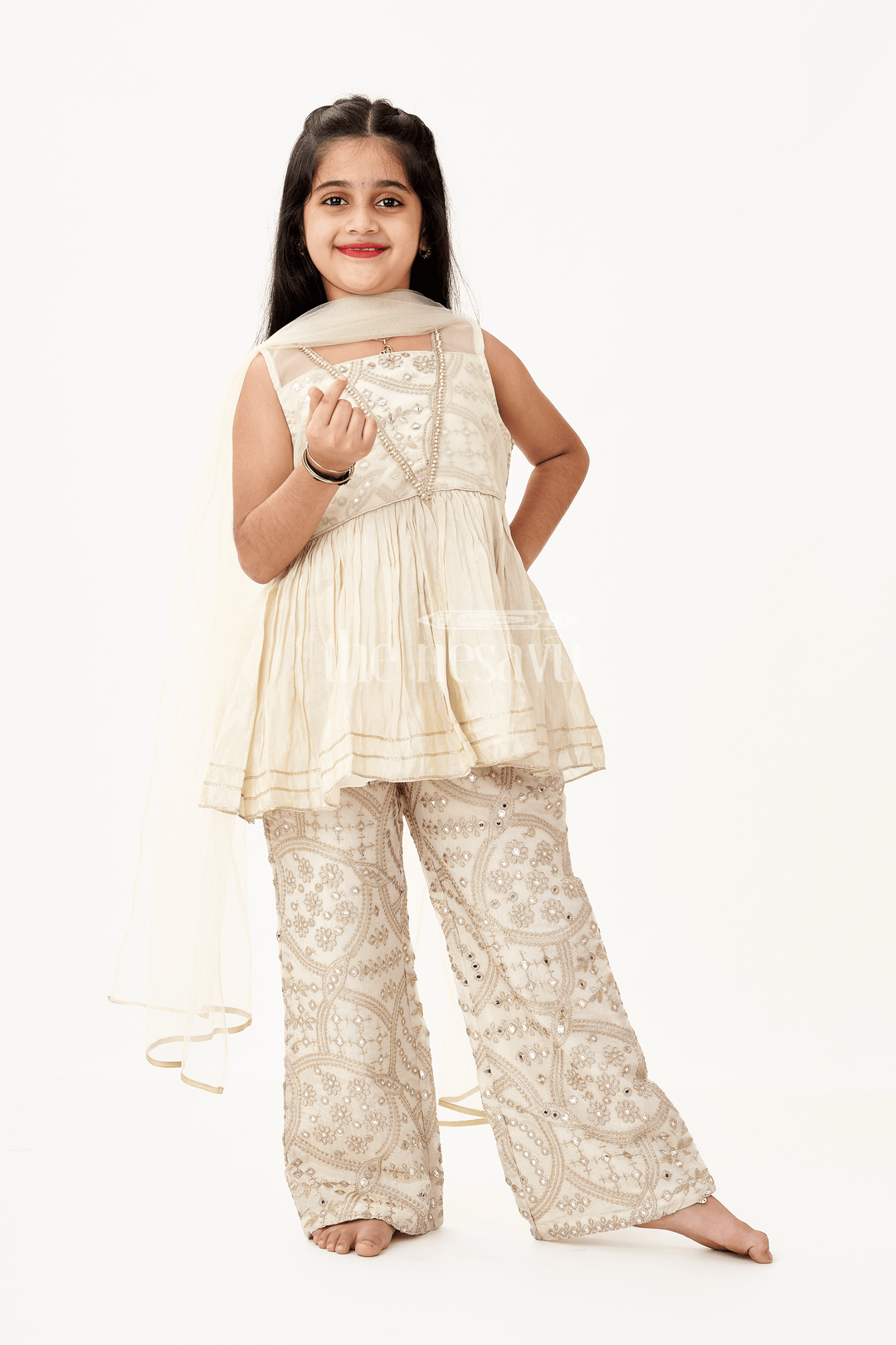 The Nesavu Girls Sharara / Plazo Set Girls Party Wear Sharara Dress in Viscose Tissue with Zari Thread Embroidery and Subtle Shine Nesavu 16 (1Y) / Cream GPS587A-16 Golden Party Wear Sharara Dress for Girls in Viscose Tissue with Embroidery and Dupatta | The Nesavu