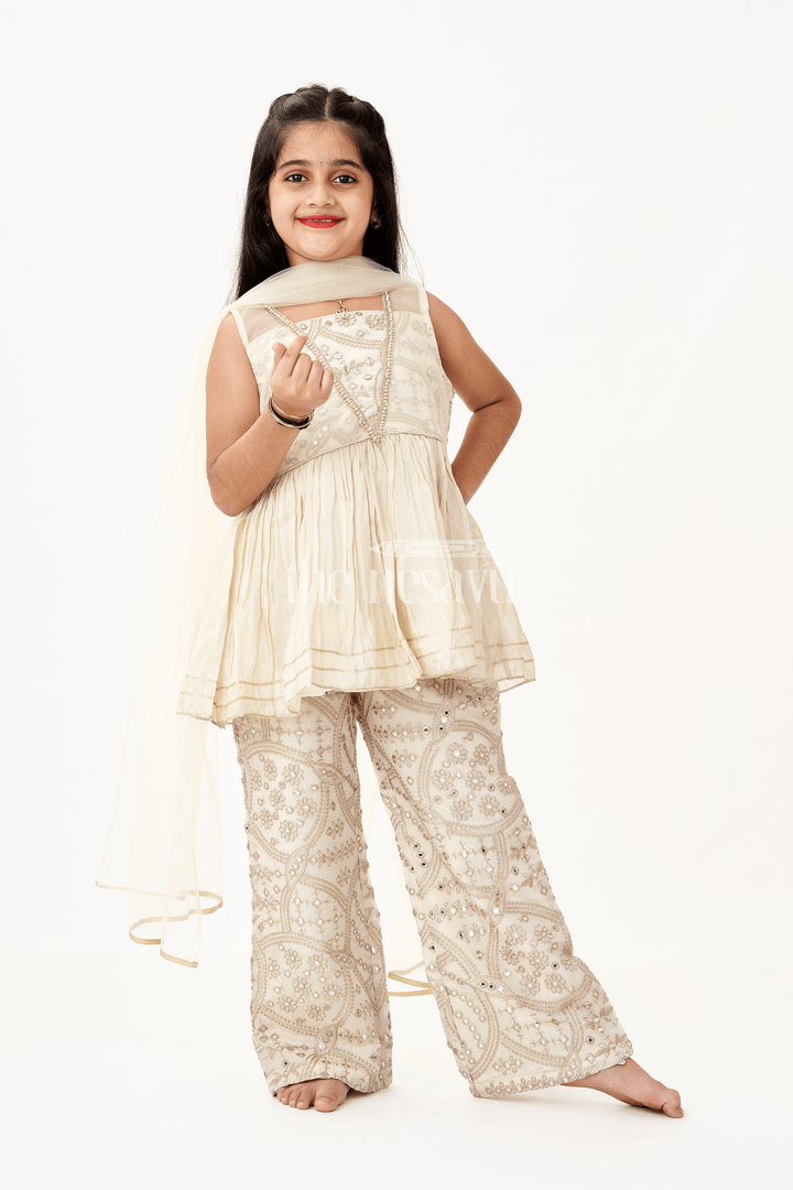 The Nesavu Girls Sharara / Plazo Set Girls Party Wear Sharara Dress in Viscose Tissue with Zari Thread Embroidery and Subtle Shine Nesavu 16 (1Y) / Cream GPS587A-16 Golden Party Wear Sharara Dress for Girls in Viscose Tissue with Embroidery and Dupatta | The Nesavu