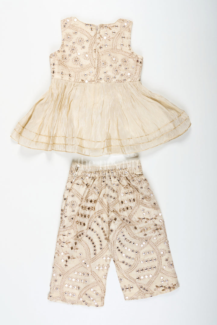 The Nesavu Girls Sharara / Plazo Set Girls Party Wear Sharara Dress in Viscose Tissue with Zari Thread Embroidery and Subtle Shine Nesavu Golden Party Wear Sharara Dress for Girls in Viscose Tissue with Embroidery and Dupatta | The Nesavu