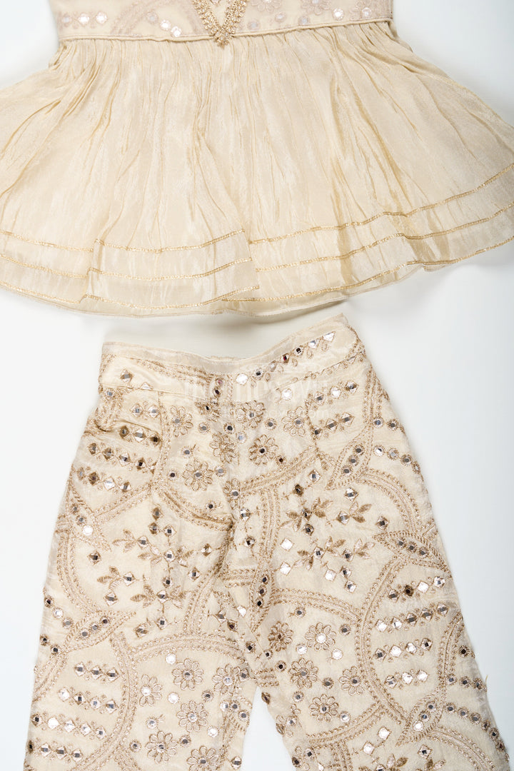 The Nesavu Girls Sharara / Plazo Set Girls Party Wear Sharara Dress in Viscose Tissue with Zari Thread Embroidery and Subtle Shine Nesavu Golden Party Wear Sharara Dress for Girls in Viscose Tissue with Embroidery and Dupatta | The Nesavu