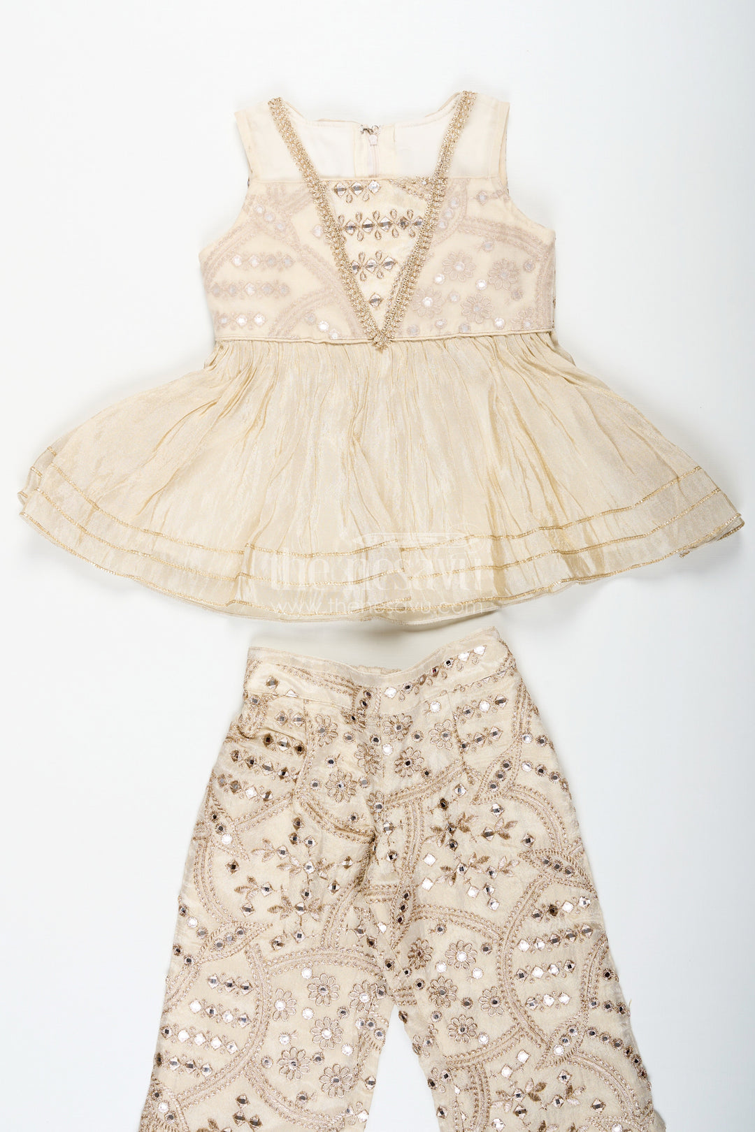 The Nesavu Girls Sharara / Plazo Set Girls Party Wear Sharara Dress in Viscose Tissue with Zari Thread Embroidery and Subtle Shine Nesavu Golden Party Wear Sharara Dress for Girls in Viscose Tissue with Embroidery and Dupatta | The Nesavu