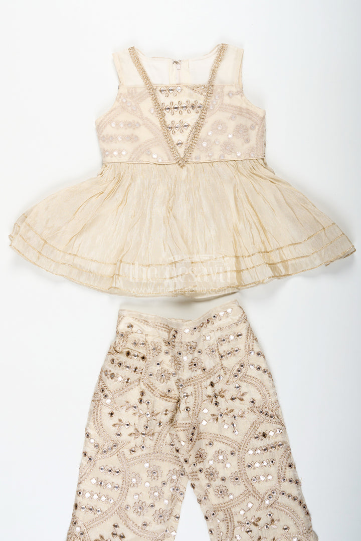 The Nesavu Girls Sharara / Plazo Set Girls Party Wear Sharara Dress in Viscose Tissue with Zari Thread Embroidery and Subtle Shine Nesavu Golden Party Wear Sharara Dress for Girls in Viscose Tissue with Embroidery and Dupatta | The Nesavu