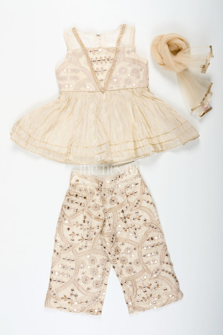 The Nesavu Girls Sharara / Plazo Set Girls Party Wear Sharara Dress in Viscose Tissue with Zari Thread Embroidery and Subtle Shine Nesavu Golden Party Wear Sharara Dress for Girls in Viscose Tissue with Embroidery and Dupatta | The Nesavu