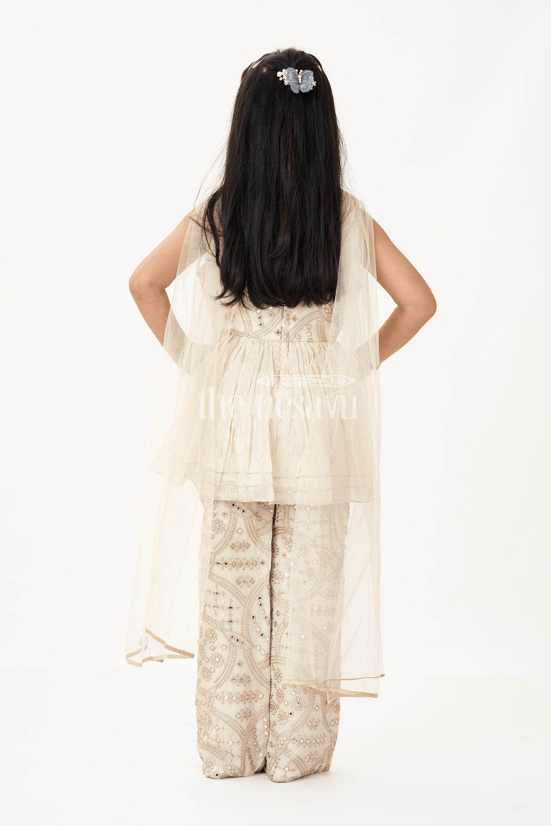 The Nesavu Girls Sharara / Plazo Set Girls Party Wear Sharara Dress in Viscose Tissue with Zari Thread Embroidery and Subtle Shine Nesavu Golden Party Wear Sharara Dress for Girls in Viscose Tissue with Embroidery and Dupatta | The Nesavu