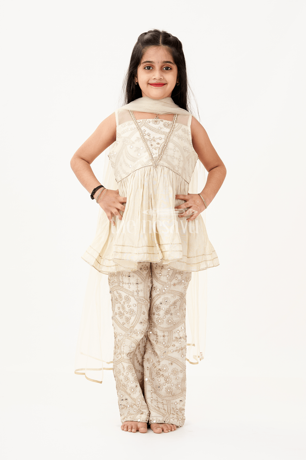 The Nesavu Girls Sharara / Plazo Set Girls Party Wear Sharara Dress in Viscose Tissue with Zari Thread Embroidery and Subtle Shine Nesavu Nesavu Golden Party Wear Sharara Dress for Girls in Viscose Tissue with Embroidery and Dupatta