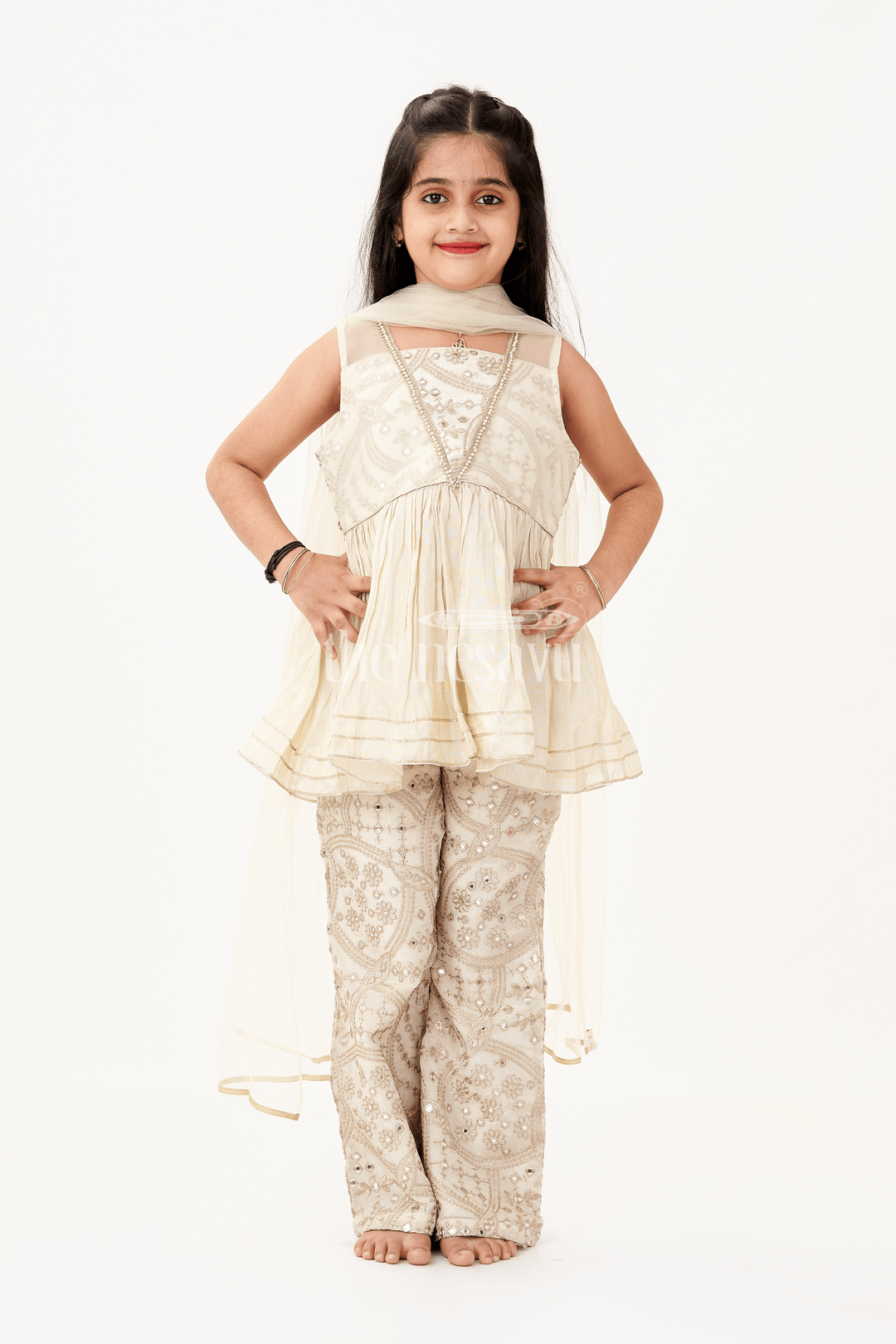 The Nesavu Girls Sharara / Plazo Set Girls Party Wear Sharara Dress in Viscose Tissue with Zari Thread Embroidery and Subtle Shine Nesavu Nesavu Golden Party Wear Sharara Dress for Girls in Viscose Tissue with Embroidery and Dupatta