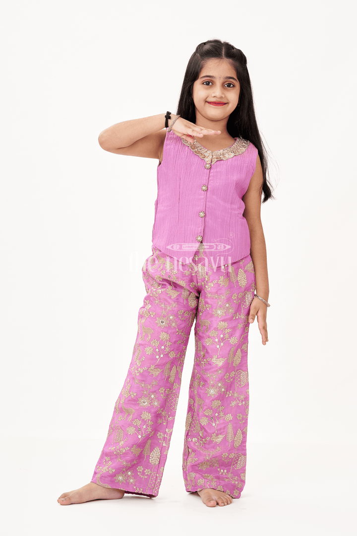 The Nesavu Girls Sharara / Plazo Set Girls Party Wear Sharara with Crop Top in Blended Silk Featuring Zari Thread Embroidery and Sequins Nesavu 16 (1Y) / Purple GPS400B-16 Girls Party Wear Sharara Crop Top Set in Blended Silk with Zari and Sequin Embroidery | The Nesavu