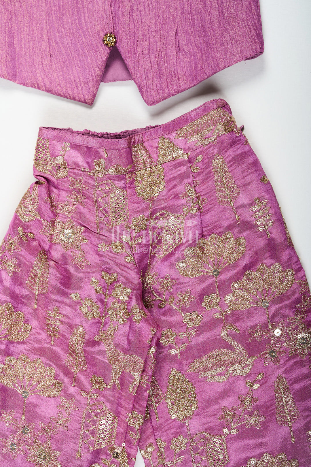 The Nesavu Girls Sharara / Plazo Set Girls Party Wear Sharara with Crop Top in Blended Silk Featuring Zari Thread Embroidery and Sequins Nesavu Girls Party Wear Sharara Crop Top Set in Blended Silk with Zari and Sequin Embroidery | The Nesavu