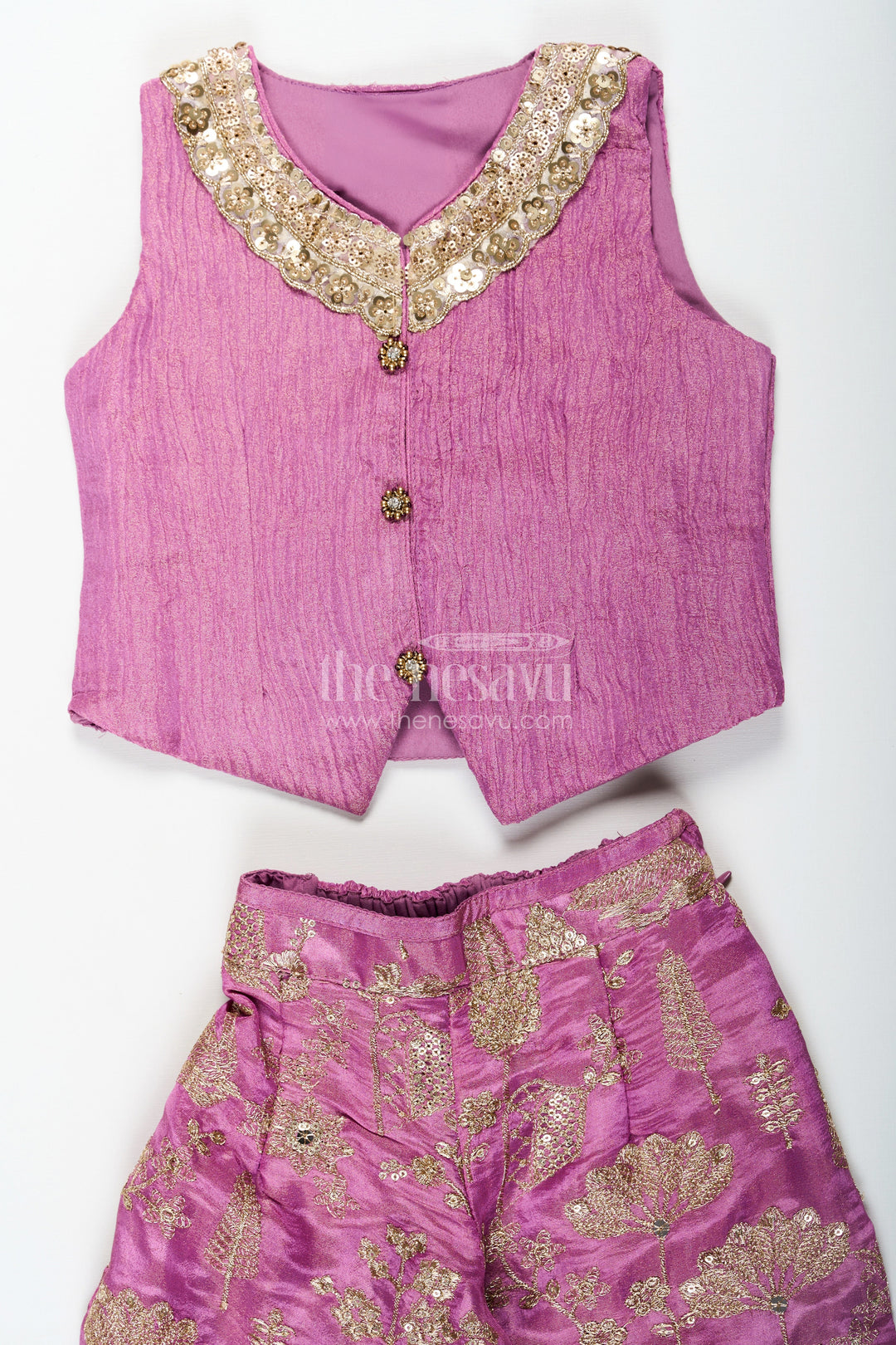 The Nesavu Girls Sharara / Plazo Set Girls Party Wear Sharara with Crop Top in Blended Silk Featuring Zari Thread Embroidery and Sequins Nesavu Girls Party Wear Sharara Crop Top Set in Blended Silk with Zari and Sequin Embroidery | The Nesavu